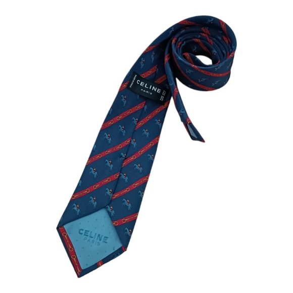 CELINE Blue Equestrian Logo Silk Tie ITALY 60"/ 3.1" EC - Picture 5 of 5